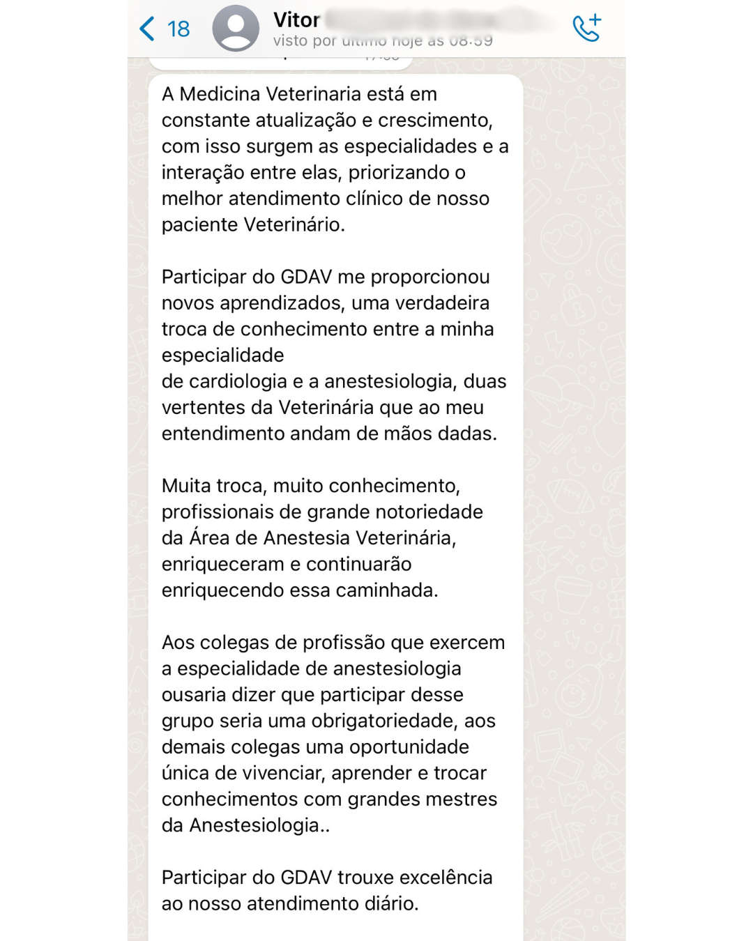 Depoimento anonimizado de aluno GDAV via WhatsApp
