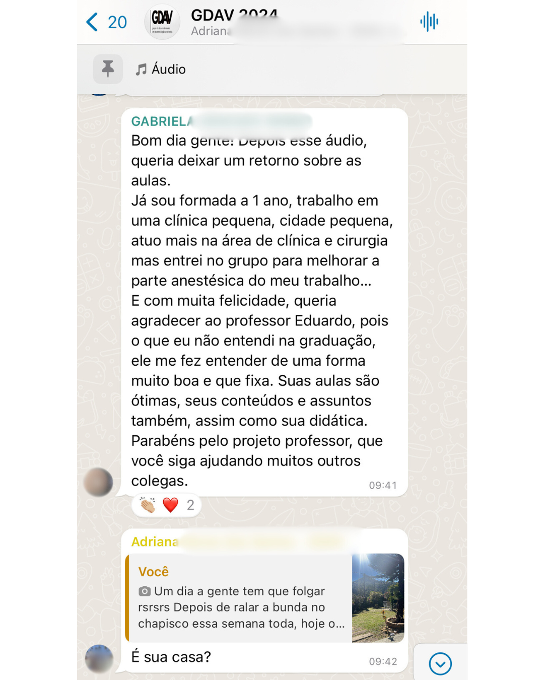Depoimento anonimizado de aluno GDAV via WhatsApp