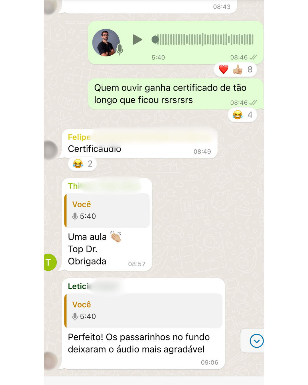 Depoimento anonimizado de aluno GDAV via WhatsApp