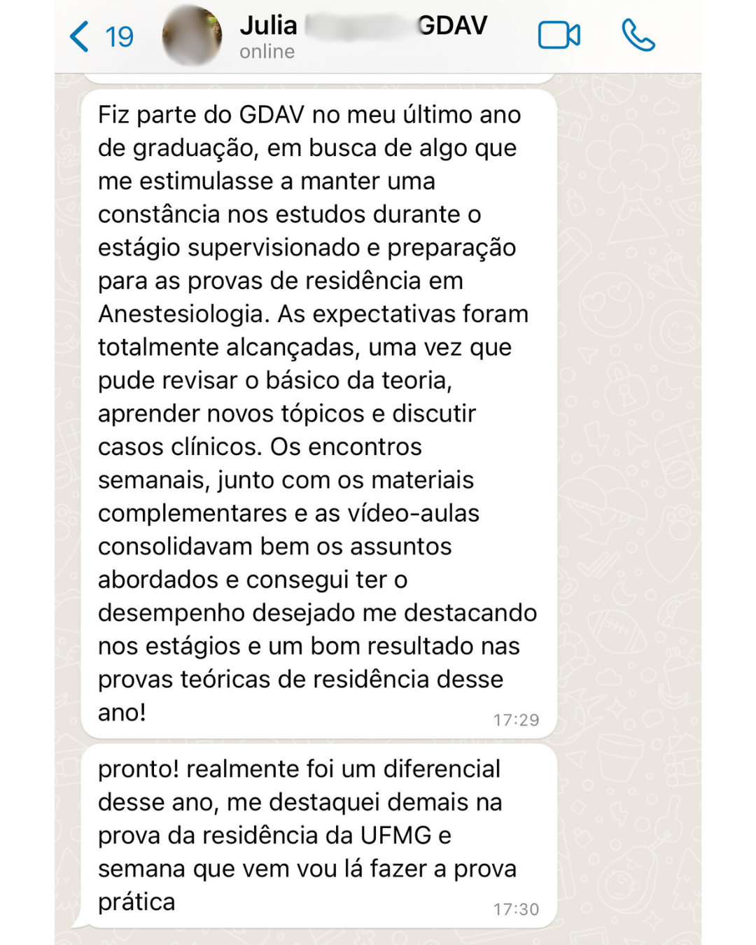 Depoimento anonimizado de aluno GDAV via WhatsApp