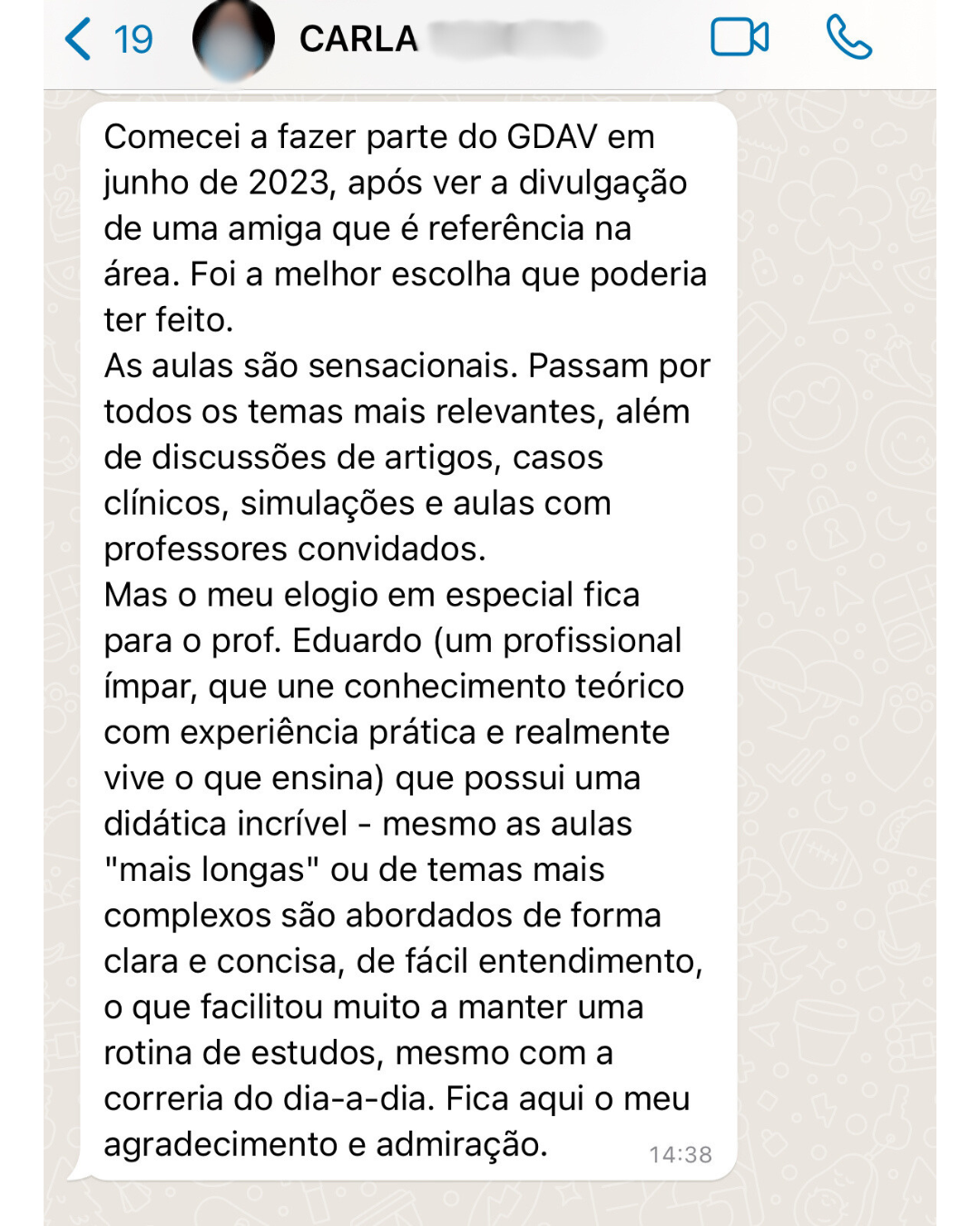 Depoimento anonimizado de aluno GDAV via WhatsApp