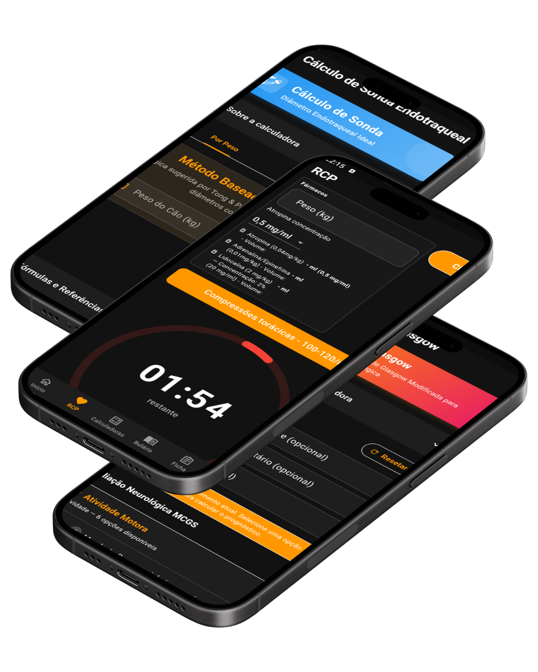 Telas do app GDVet: coach de RCP com cronômetro e ritmo de compressões, calculadora de fármacos da RCP, cálculo de sonda endotraqueal e escala de Glasgow