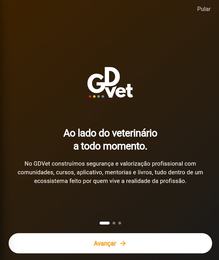 Tela de boas-vindas do app GDVet — Ao lado do veterinário a todo momento