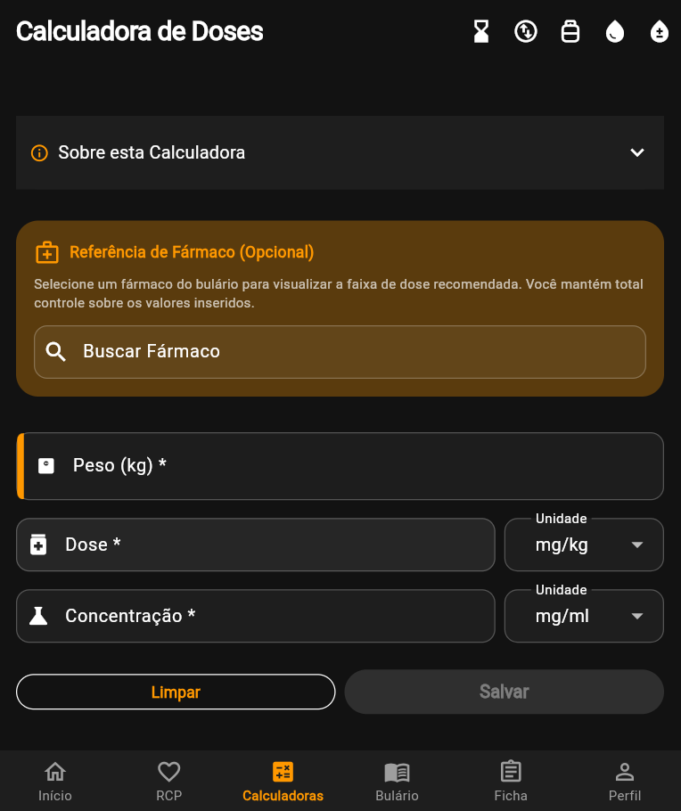 Calculadora de doses do app GDVet com campos de peso, dose e concentração