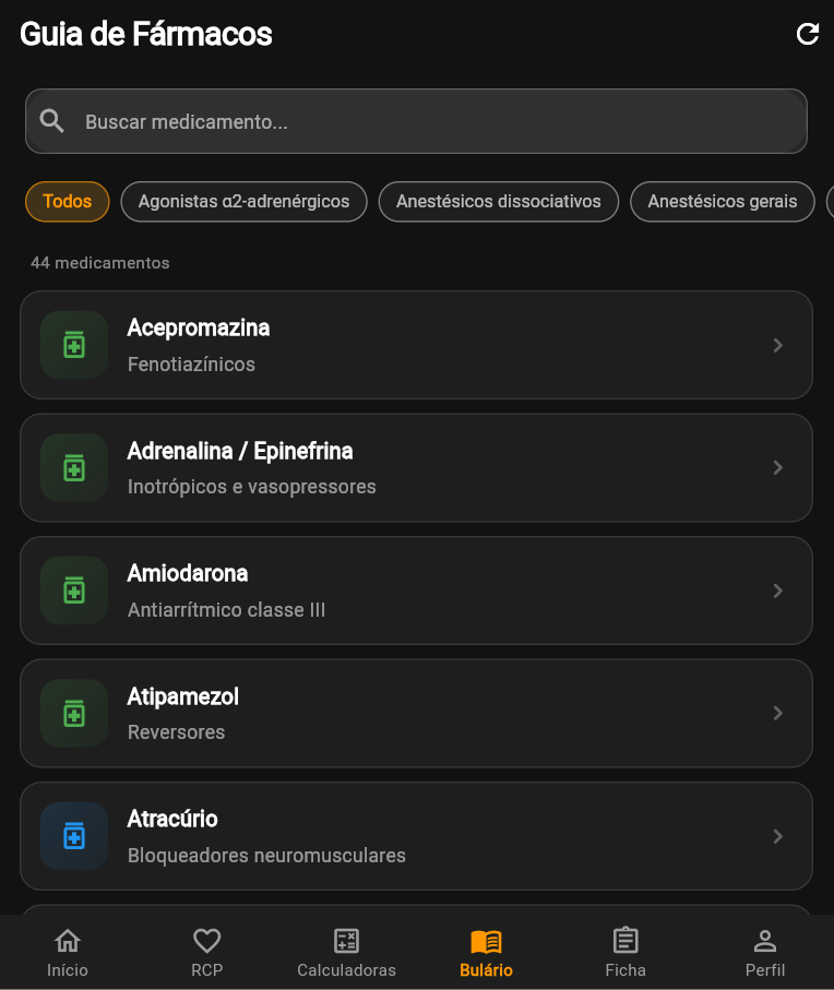 Bulário do app GDVet listando 44 medicamentos com filtros por classe farmacológica