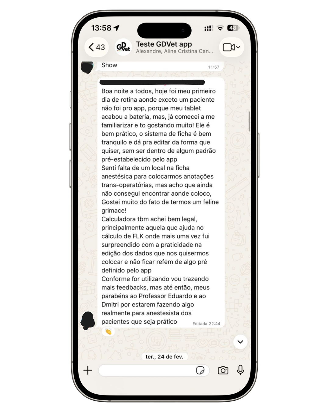 Depoimento de usuário do app GDVet via WhatsApp