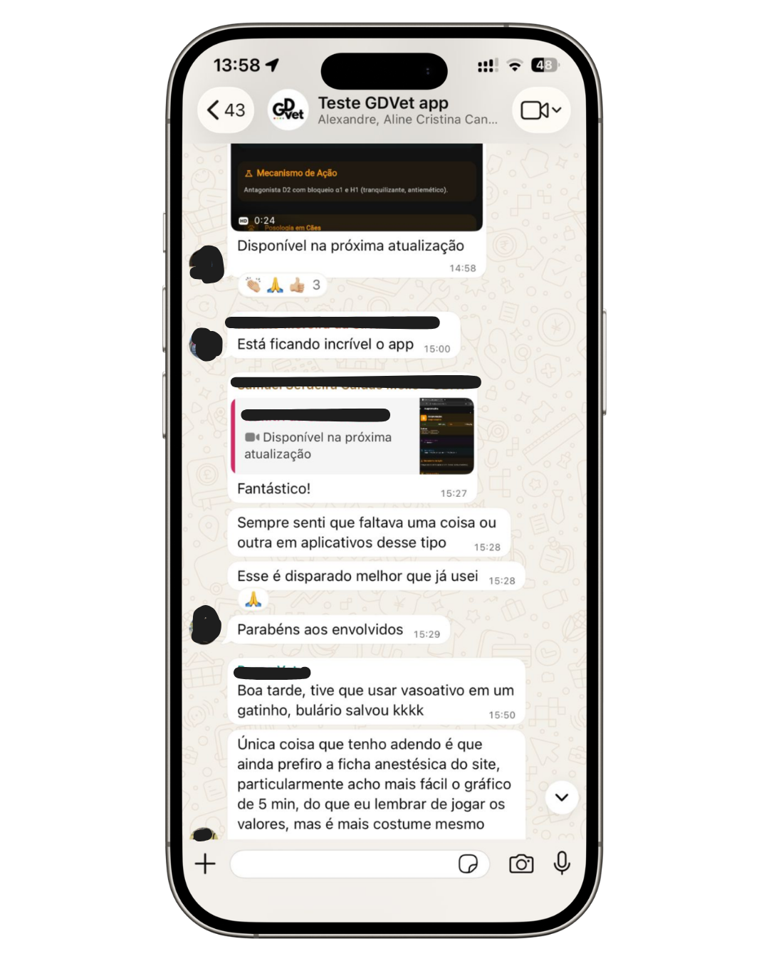 Depoimento de usuário do app GDVet via WhatsApp