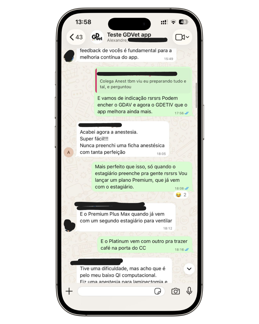 Depoimento de usuário do app GDVet via WhatsApp