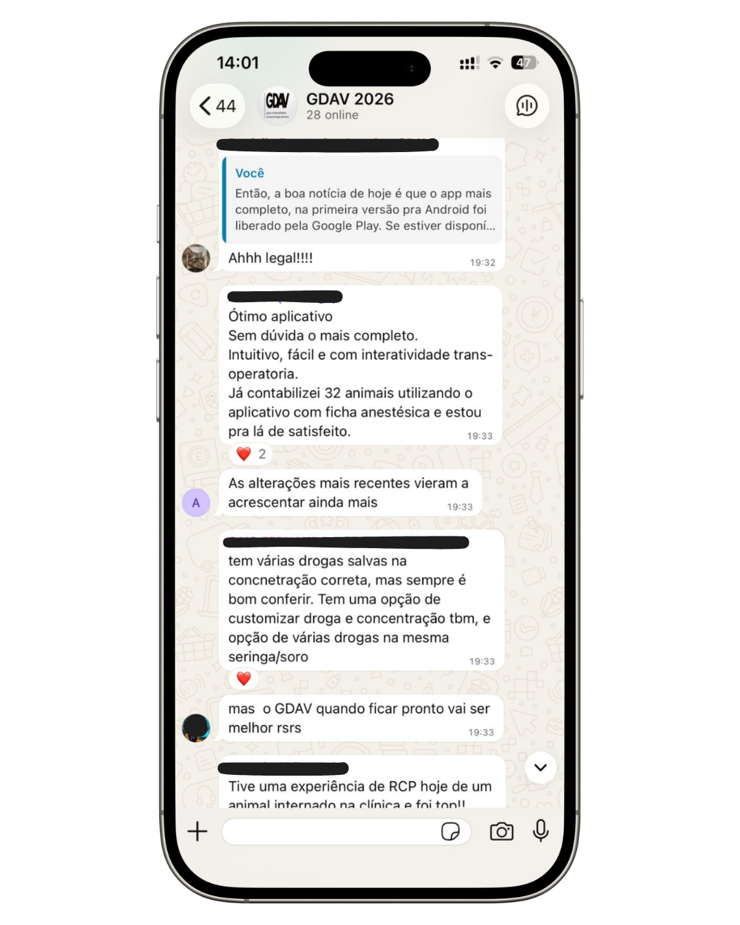 Depoimento de usuário do app GDVet via WhatsApp